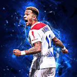 Download wallpapers Memphis Depay, back view, Olympique Lyon FC, striker, Ligue 1, dutch footballers, Depay, forward, blue background, neon lights, soccer besthqwallpapers_com